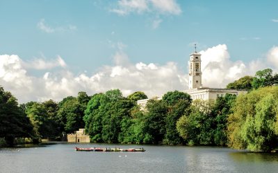 University of Nottingham: View of Trent Building and boating lake from Highfields Park