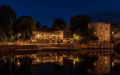 Evening photo of River Ouse in York with Lendal Tower and The star Inn the City restaurant, North Yorkshire.
