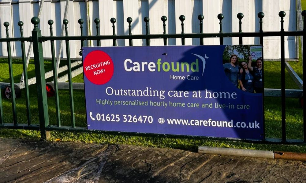 A Carefound Home Care banner on the boundary at Stockport Cricket Club