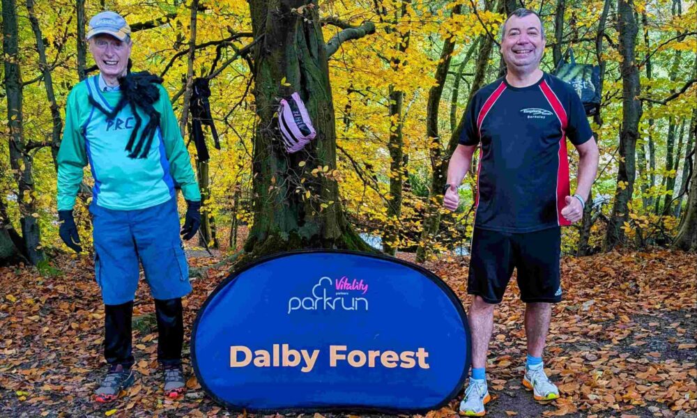 Mr Hetherton and his live-in care professional Gavin from Carefound Home Care at Dalby Forest Parkrun Elderly gentleman and live-in care professional at parkrun